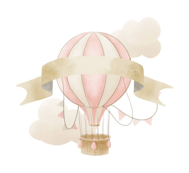 Hot air Balloon with template for text Hot air Balloon with template for text. Hand drawn cute illustration for childish Birthday greeting card or invitation. drawing for baby design watercolor hot air balloon stock illustrations