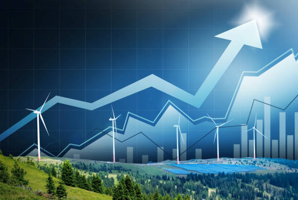 концепция зеленой возобновляемой энергии с обработкой графика данных фондового рынка через ветряные генераторные турбины и солнечные пан - solar energy currency energy green стоковые фото и изображения