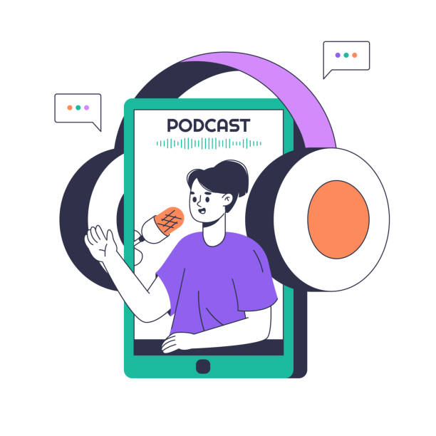 Audio podcast recording female character. Podcast radio host, outline interview talk show flat vector symbols illustration. Podcast interview recording Audio podcast recording female character. Podcast radio host, outline interview talk show flat vector symbols illustration. Podcast interview recording radio clipart stock illustrations