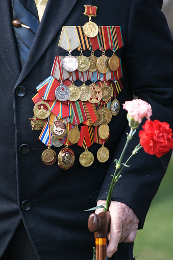 Saint Petersburg-Russia - 09.05.2020: World War II veteran. Medals and decorations.