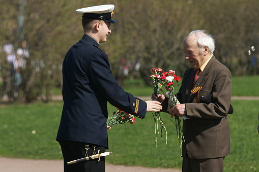 Saint Petersburg-Russia - 09.05.2020: World War II veteran. Congratulations to the veteran on Victory Day.