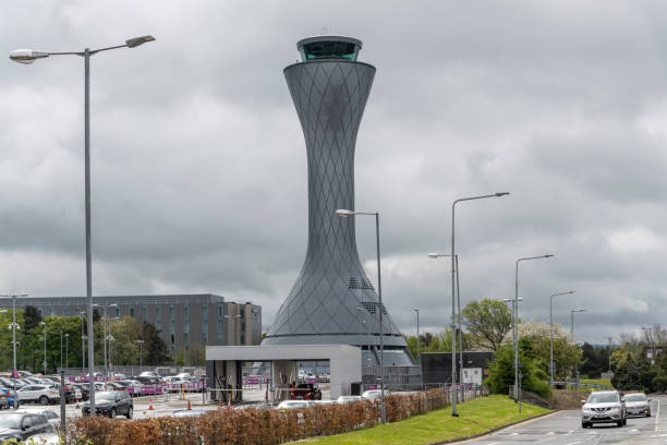 Edinburgh airport car park and air control tower at scotland england UK