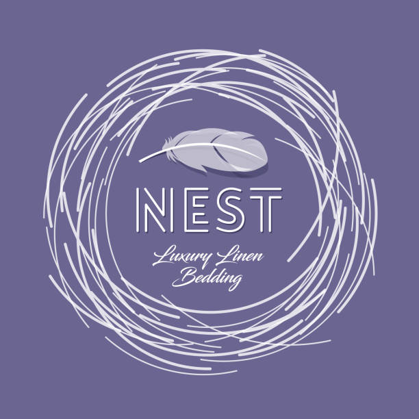 Nest emblem. Comfort icon. Nest with feather on a dark background. Nest, comfort icon can use for Luxury linen or bedding. Home goods and home decor. soft nest stock illustrations