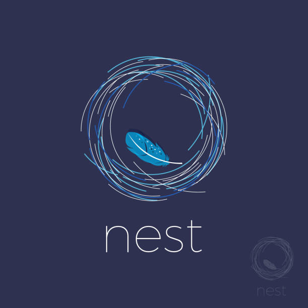 Nest emblem. Comfort icon. Nest with feather on a dark background. Nest, comfort icon can use for Luxury linen or bedding. Home goods and home decor. soft nest stock illustrations