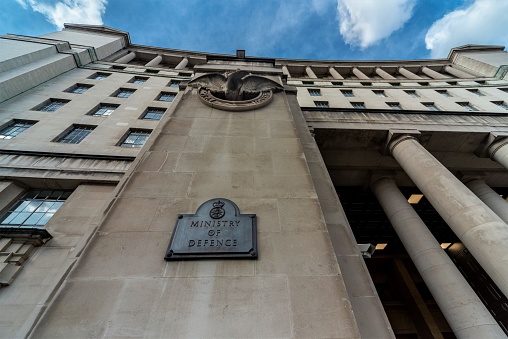 London,England,United Kingdom-August 21 2019: Low angle view of the main facade of the M.O.D.,stands close to Downing Street and close to the Houses of Parliament.