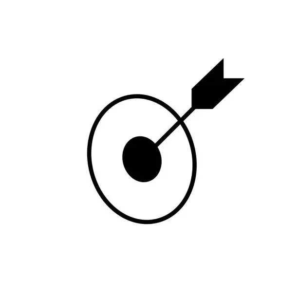Vector illustration of Arrow at target line icon in black. Successful shot in the darts. Flat style isolated symbol, used for: illustration, minimal, logo, mobile, app, emblem, design, web, site, ui, ux. Vector EPS 10