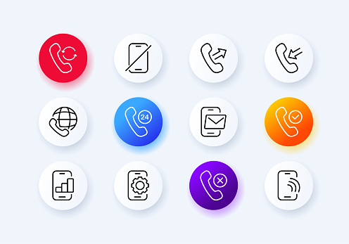 Call set icon. Incoming, outgoing, missed call, handset, communication, correspondence, diagram, configuration. Conversation concept. Neomorphism style. Vector line icon for Business and Advertising