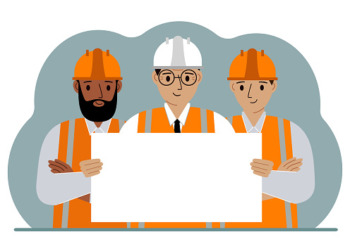 Man engineer team and construction team holding a blank sheet of paper. Concept of builder, engineer, planner or designer. Vector flat illustration.