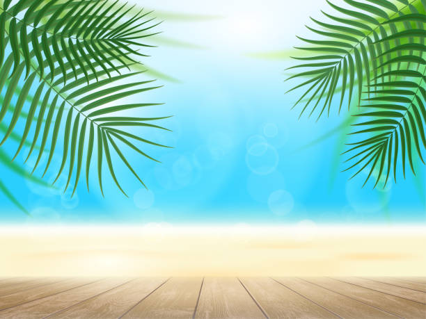istock Wooden table against the backdrop of a tropical landscape 1396865778