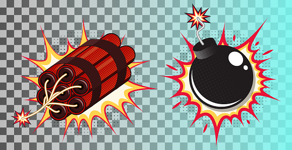 Set of comic style bomb and dynamite. Vector illustration.