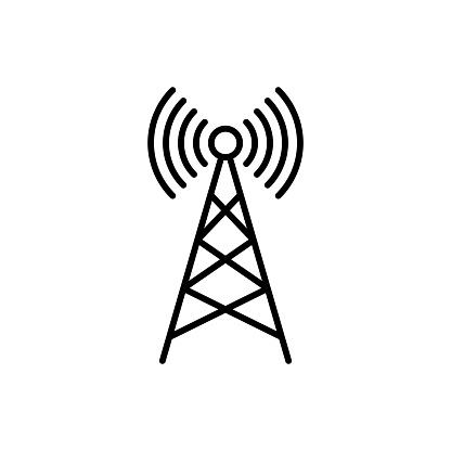 Radio station black line icon. Communications tower. Wifi zone. Telecommunication post. Outline symbol, sign for: illustration, infographic, logo, app, web design, dev, ui, ux, gui. Vector EPS 10