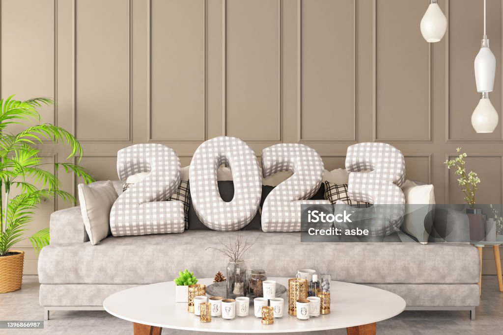 2023  Cushions with Cozy Interior 2023  Cushions with Cozy Interior. New Year Concept. 3D Render 2023 Stock Photo
