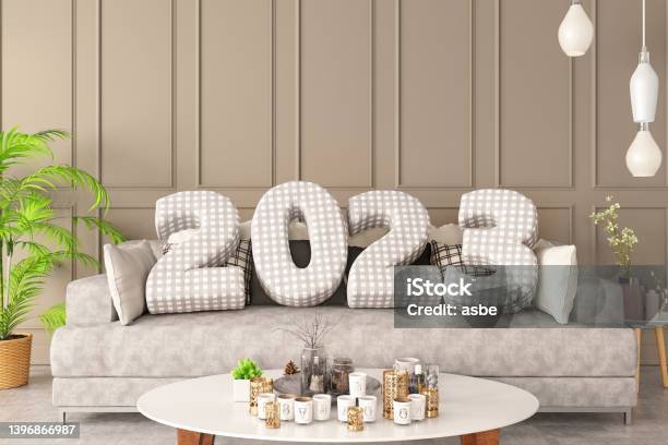 2023 Cushions With Cozy Interior Stock Photo - Download Image Now - 2023, New Year's Eve, House