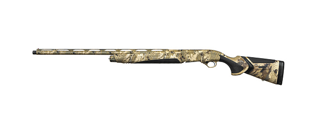 Modern semi-automatic shotgun. Weapons for sports and hunting.Rifle in camouflage coloring. Isolate on white background.