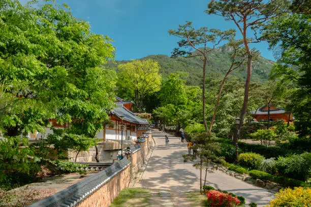 Jingwansa Temple with Bukhansan mountain in Seoul, Korea