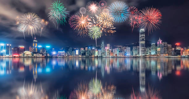 istock Fireworks in Hong Kong city, China 1396868307
