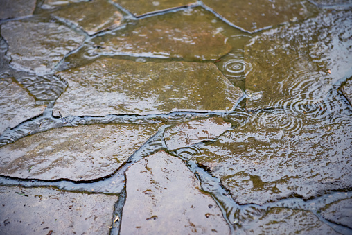 puddles after rain on decorative tiles