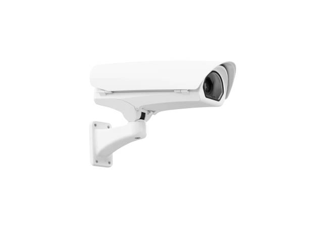 istock Modern public CCTV camera on wall isolated on white background. Intelligent reccording cameras for monitoring all day and night. Concept of surveillance and monitoring with clipping path copy space. 1396868811