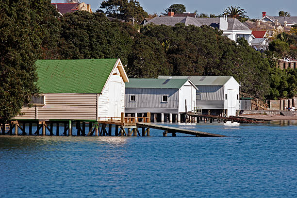 Auckland Boatsheds Boat sheds in Herne Bay Auckland, taken early morning. herne bay stock pictures, royalty-free photos & images