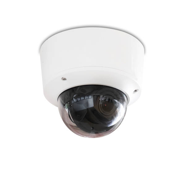 istock Modern public CCTV camera on wall isolated on white background. Intelligent reccording cameras for monitoring all day and night. Concept of surveillance and monitoring with clipping path copy space. 1396869548