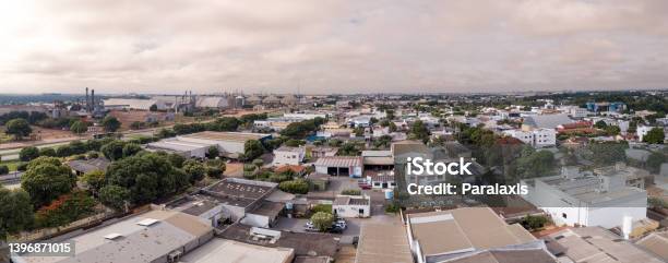 Drone Aerial View Of Sorriso City Skyline Buildings Houses And Br 163 Road On Cloudy Summer Day Amazon Mato Grosso Brazil Concept Of Cityscape Landmark Architecture Logistics Transport Stock Photo - Download Image Now