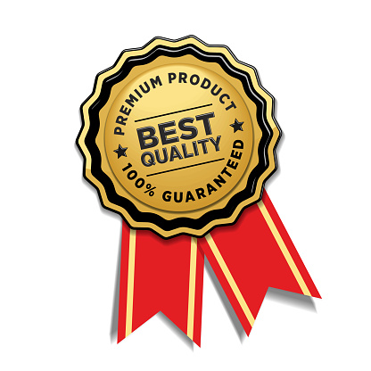 Premium product quality guarantee. Vector gold badge with red ribbon on transparent background