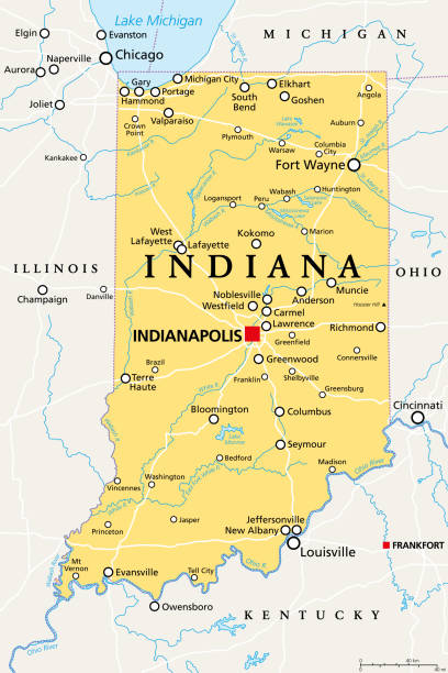 Indiana, IN, political map, US state, nicknamed The Hoosier State Indiana, IN, political map, with the capital Indianapolis, and most important cities, rivers and lakes. State in the Midwestern region of the United States of America, nicknamed The Hoosier State. evansville indiana stock illustrations