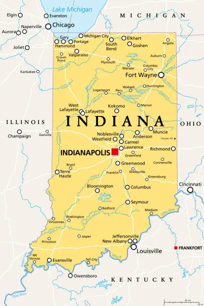 Vector illustration of Indiana, IN, political map, US state, nicknamed The Hoosier State