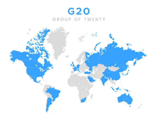 Group of twenty countries on world map. Group of twenty countries on world map. G20 infographic isolated on white background. Vector stock world map china saudi arabia stock illustrations