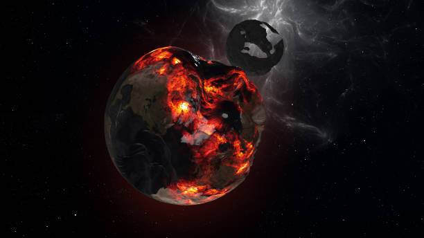 istock Alien spaceship close to dead erth and moon with lava 1396873324