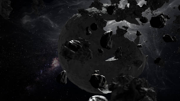 istock 3D rendering of deep space with Dead Hollow planet and asteroids surrounding 1396873380