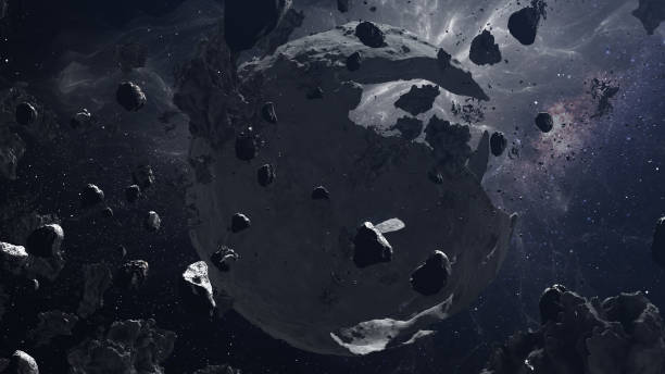 istock 3D rendering of deep space with Dead Hollow planet and asteroids surrounding 1396873382
