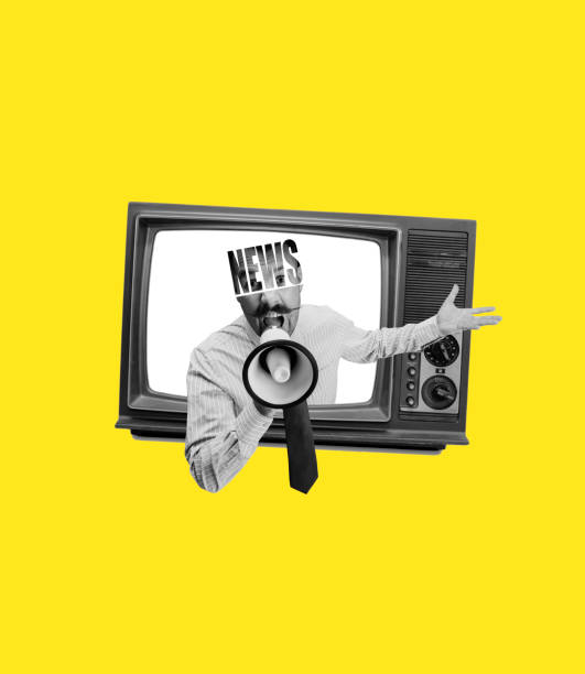 Contemporary art collage. Excited man sticking out from retro tv set isolated on yellow background. Concept of art, surrealism, news, sales, info, discount stock photo