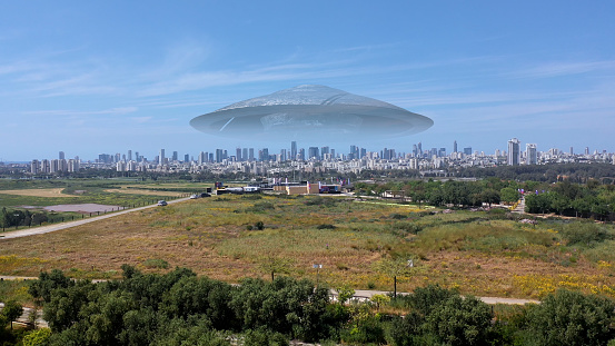 Drone view over tel aviv city with alien spaceship, alien invasion concept, 3d illustration