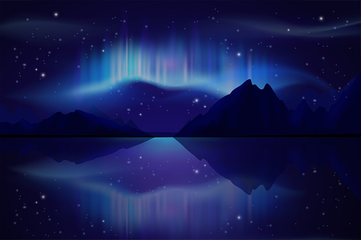 landscape. Northern light mountains fjord. Vector aurora in background scenery astronomy beautiful sky