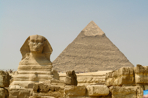 Sphinx in front of pyramids, Giza, Cairo, Egypt