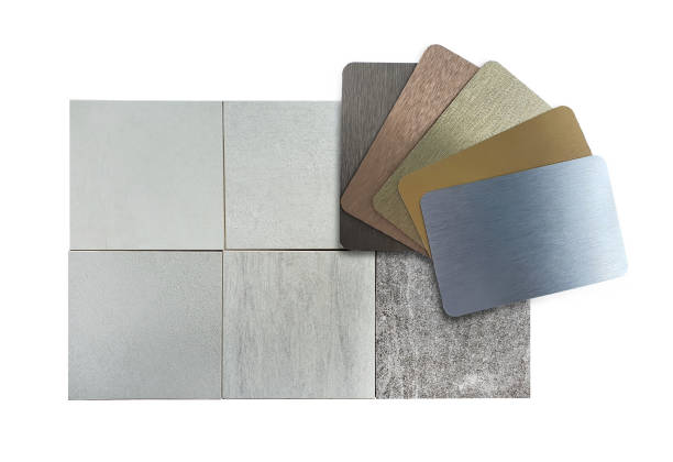 istock matching of interior material samples including various color of metallic laminateds and various texture of grey stone tiles isolated on background with clipping path. interior mood and tone board. 1396875736