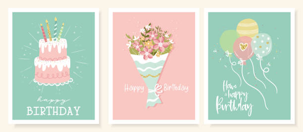 Fun hand drawn party card designs. Lovely templates, great for birthday parties, banners, wallpapers, invitations - vector design Fun hand drawn party card designs. Lovely templates, great for birthday parties, banners, wallpapers, invitations - vector design birthday card stock illustrations