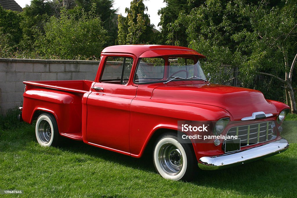 Truck american chevrolet truck in bright red at an english Show Building Exterior Stock Photo