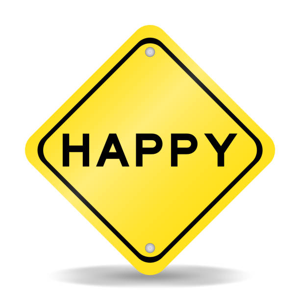 istock Yellow color transportation sign with word happy on white background 1396876863