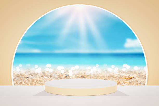 istock 3d podium on tropical beach with blue sky white clouds bstract background. Copy space of product presentation and summer nature concept. 1396877504