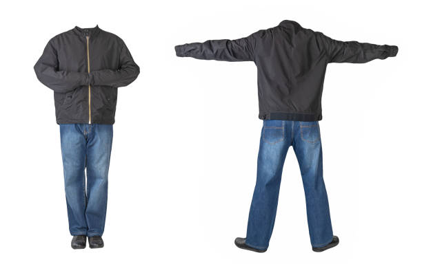 istock dark blue jeans, black leather shoes, jacket isolated on white background. 1396878630