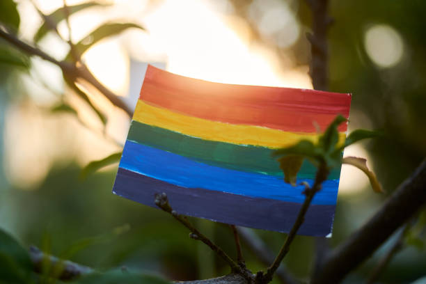 istock LGBT Pride flag, with sunlight on the back. 1396878632