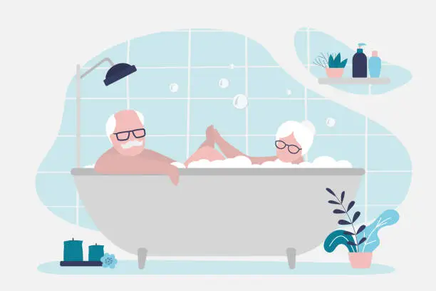 Vector illustration of Elderly couple taking bubble bath together. Grandma and grandpa hold hands while bathing