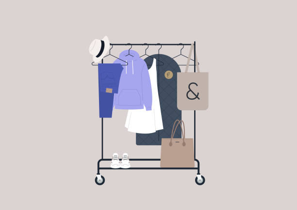 A rail with clothes hanging on hangers, fashion concept A rail with clothes hanging on hangers, fashion concept garment store fashion rack stock illustrations