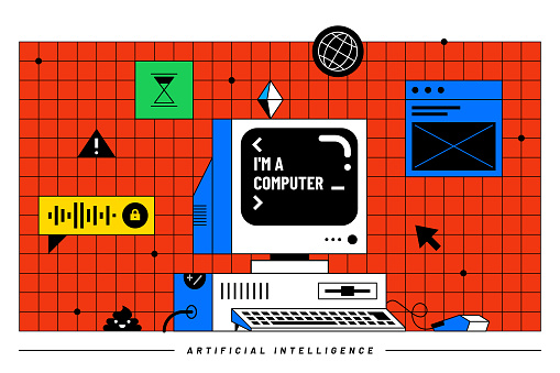 Retro style desktop computer, colorful vector illustration with icons and popups around it.