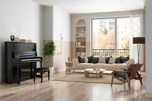 Modern Living Room Interior With Grand Piano, Sofa, Coffee Table And Garden View From The Window