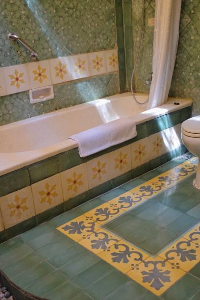 istock Bathroom interior design with colorful classic motifs and walls 1396888562