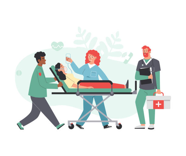 Paramedics deliver seriously ill patient to hospital, flat vector isolated. Paramedics deliver seriously ill patient to hospital and provide medical assistance during transportation, flat cartoon vector illustration isolated on white background. stretcher stock illustrations