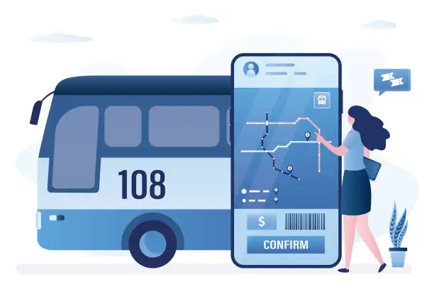 Vector illustration of Mobile application for buying tickets online. Female user booking bus tickets digital. Bus, passenger and cellphone with route app. Public transport, intercity transportation.